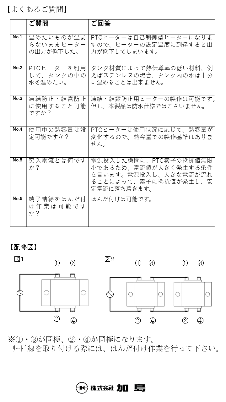 PTCヒーター 規格品ラインナップ